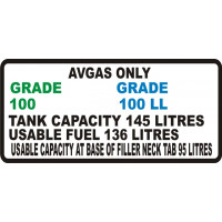 AVGAS Tank Capacity 145 Liters Usable Fuel 136 Liters decals