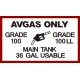 AVGAS MAIN TANK 36 Gallon USABLE decal